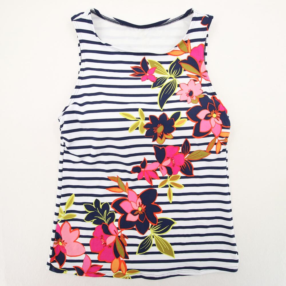 Lands End Tankini Top White Navy Striped Floral Print Round Neck Sleeveless 6 - Picture 1 of 9